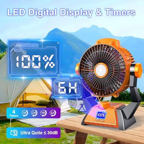 Camping Fan - Rechargeable Portable Battery Powered Camping Fans for Tents with LED Light, Power Display, Timers & 360° Hanging Hook, Ultra Quiet USB Personal Tent Fan for Fishing Travel Home Office view 3
