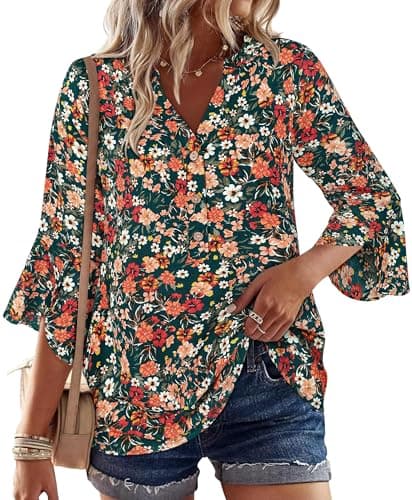 LOOKBOHO Womens Boho Tops Ruffle 3/4 Sleeve Button V-Neck Dressy Casual 2026 Fall Bell Sleeve Floral Business Blouses — image 1