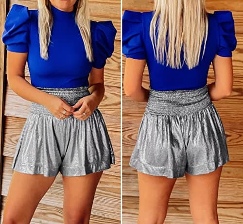 GUOLEZEEV Women Sequin Smocked High Waisted Flowy Glitter Sparkly Metallic Shorts view 4