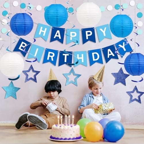 Happy Birthday Decorations, Blue Birthday Party Decorations Set with Happy Birthday Banner, Paper Lanterns, Star Swirl Hanging Decorations & Circle Dots Garland view 2