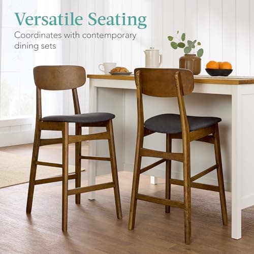 Best Choice Products Bar Stool Set of 2, Modern Farmhouse Counter Height Stools w/Armless Upholstered Cushioned Seat, Wooden Curved Backrest - Walnut/Charcoal view 4