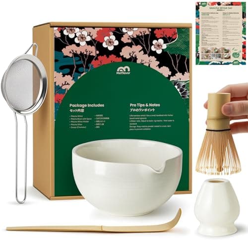 Matcha Whisk Set, Ceramic Bowl Matcha Kit & Handcrafted Bamboo Chasen, Complete 5 Pcs Matcha Set Whisk and Bowl, Stainless Steel Sifter, Bamboo Scoop & Holder for Matcha Lovers — image 1