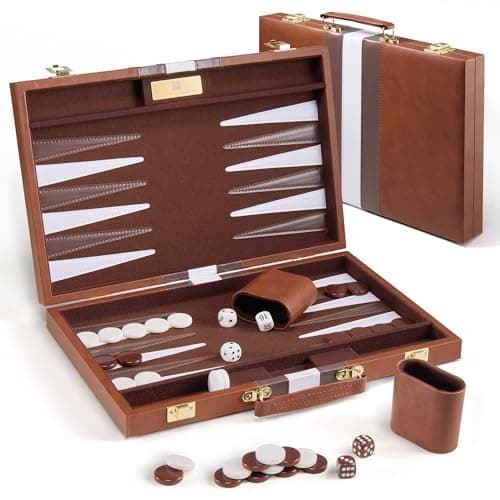 Backgammon Sets for Adults - 11 inch Classic Board Games for 2 Players Adults - Small Travel Backgammon Strategy Game Set with Premium Leather Case - Portable Backgammon Set, Brown