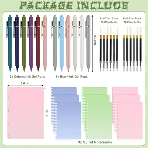 Niodel Spiral Notebooks Set, 9 Pcs A5 College Ruled Journals with 6 Black Ink Gel Pens, 6 Colored Ink Gel Pens, 6×0.5mm & 6×0.7mm Refills, Perfect for School Work Journaling view 3