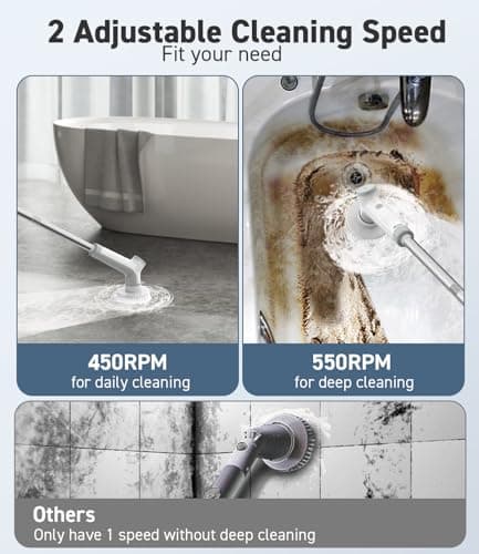 Electric Spin Scrubber, VEWIOR Cordless Shower Scrubber with 3 Adjustable Angle, Cleaning Brush with 2 Speeds 3 Replaceable Brush Heads for Bathroom Kitchen Tub view 4