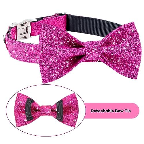 Jumpress Girl Dog Collar with Bow, Bling Female Bowtie Dog Collar for Puppy Small Medium Dogs Daily Walking or Holiday Party (Hot Pink, Neck fit 11-16’’) view 3