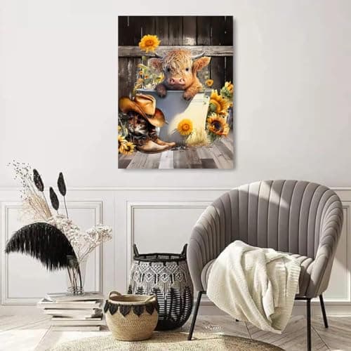 Cow Diamond Painting Kits for Adults Beginners - 5D Cow and Flower Diamond Art Kits for Adults,DIY Round Full Diamond Gem Art Suitable for Home Wall Decor Gifts(11.8x15.7in) view 2