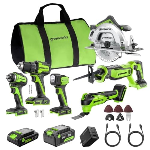 GREENWORKS 24V (6-TOOL) Combo (Drill, Impact Driver, Circular Saw, Reciprocating Saw, Multi-Tool, Flashlight), 4.0Ah + 2.0Ah (24,000mAh Power Bank) Batteries, (2) Cables, 65W Rapid Charger