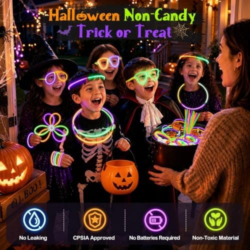 BUDI 467Pcs Glow Sticks Party Favors, Glow in the Dark Party Pack Halloween | 210 Glowsticks 3 Color 8“ & 257 Connectors, Non Candy Halloween Treats Party Supplies Kid Adult, Necklace Bracelets Glasses view 4