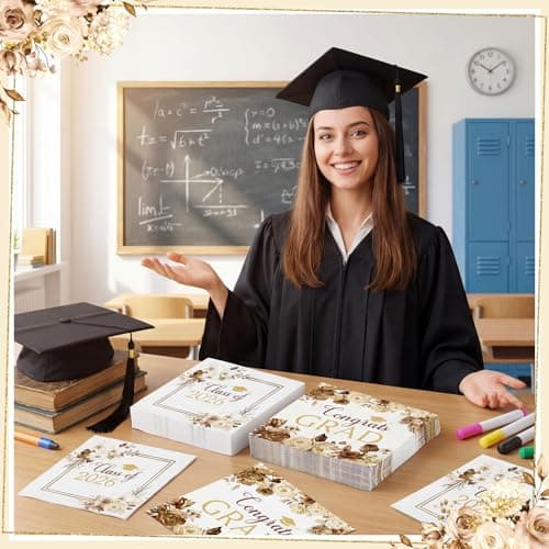 80 Pcs Boho Graduation Napkins, 6.5 Inch Boho Floral Congrats Grad Party Napkins Gold and White Class of 2026 Paper Napkin for High School College Graduation Party Decorations view 6