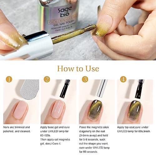 SAGEBIO 15ml Cat Eye Gel Nail Polish with Magnet Stick – Glitter Holographic Magnetic Gel, DIY Manicure Kit for Home Use, Long-Lasting Nail Art, A-Champagne Gold view 6