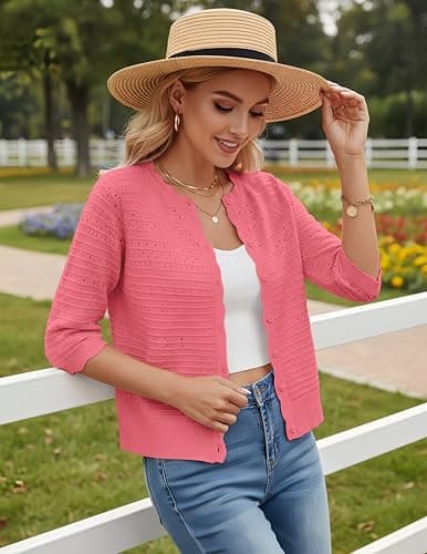 GRACE KARIN Womens 3/4 Sleeve Cardigan Sweater, Lightweight Cropped Cardigan Trendy, Dressy Casual Crochet Bolero Shrugs view 2