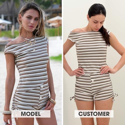 EXLURA Women 2 Piece Summer Outfits Casual Striped Lounge Set Ribbed Knit Off Shoulder Short Sleeve Top and Drawstring Shorts view 2