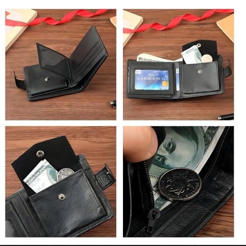 Aaspad Leather Wallet for Men's Gift Bifold Style Fasten with Belt Buckle Button Closure Bank Credit Card Slots Coin/Airtag pockets and 2 transparent Photos and ID Windows(Black) view 4