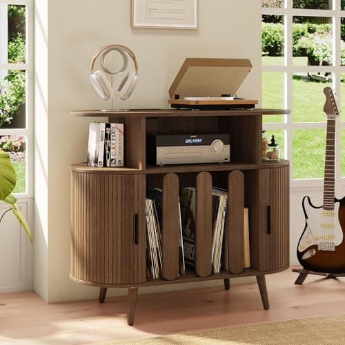 Azaeahom Record Player Stand with Vinyl Storage, Record Player Table with Charging Station, Record Holder & Record Shelf for 150+ Albums, Vinyl Record Storage Cabinet, Turntable Stand for Living Room