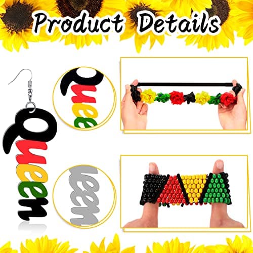 Hanaive 3 Pcs Jamaica African Jewelry Sets for Women,Black History Outfits for Women,Rasta Beaded Bracelet, Flower Crown Headband, Queen Dangle Earring in Rasta Color, Rastafari Pride Accessories view 3