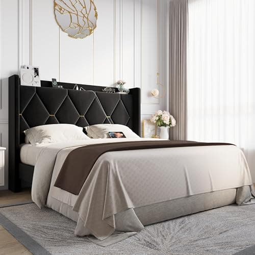 Allewie Velvet Full Size Upholstered Bed Frame with Wingback Storage Headboard & Charging Station, Platform Bed with Diamond Tufted Design & Gold Trim, No Box Spring Needed, Easy Assembly, Black view 1