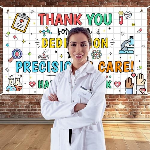 Wollmix Lab Week Decorations Banner - 70.8x43.3 Inch Thank You for All You Do Sign for Laboratory Workers, We Appreciate You Party Backdrop Decor Photography Supplies Photo Booth Background view 4