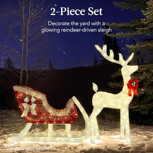 Best Choice Products Lighted Christmas 4ft Reindeer & Sleigh Holiday Outdoor Yard Decoration Set w/ 205 LED Lights, Stakes, Zip Ties - Iridescent view 3