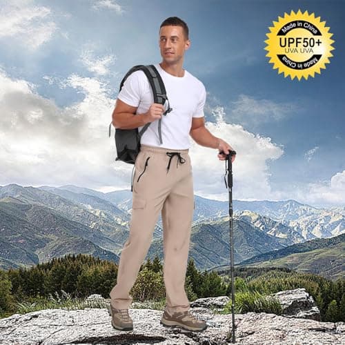 Men's Hiking Pants UPF 50+ Cargo Quick Dry Water Resistant Elastic Waist Zip Pockets Travel Work Lightweight Running view 3