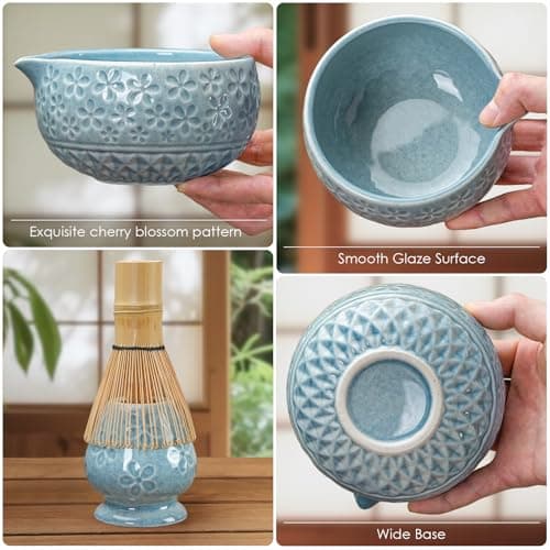 7Pcs Matcha Whisk Set, Matcha Set Whisk and Bowl,Bamboo Scoop, Scoop Rest, Sifter and Tea Towel, Matcha Kit W/Carved Cherry Blossm Pattern for Matcha Lovers (Sakura Blue) view 3