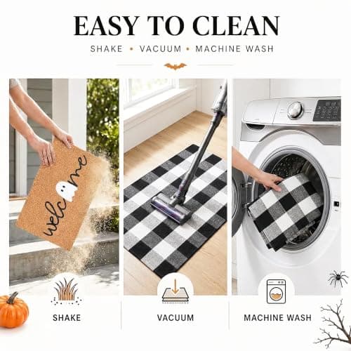 Halloween Door Mat Combo Set, Welcome Ghost Coco Coir Welcome Doormat + 28" x 43" Black and White Plaid Rug, Autumn Halloween Front Porch Entryway Decor Floor Mat view 5