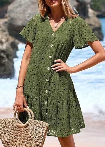 KIRUNDO Eyelet Dresses for Women 2026 Spring Summer Short Sleeve Button Down Loose Mini Babydoll Dress Beach Vacation Clothes view 3