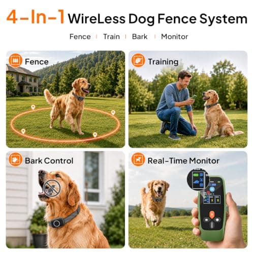 4-in-1 Wireless Dog Fence with Training, Bark Control, Real-Time Pet Status | 3 Training Modes: Beep/Vibration/Static, IPX7 Waterproof, Remote Boundary Collar, Wireless Fence for Small/Medium/Large Dogs view 2
