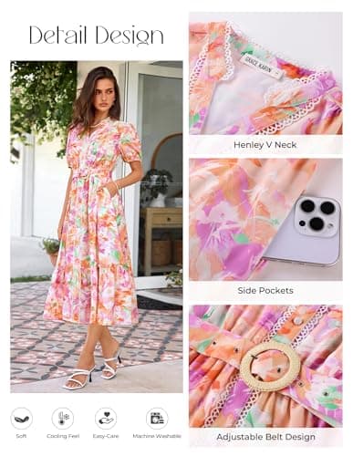 GRACE KARIN Womens Summer Floral Maxi Dress 2026 Casual Puff Short Sleeve Shirt Dress Boho Flowy Dresses with Pockets & Belt view 5