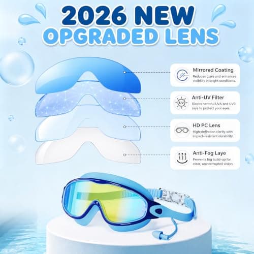 3 Pack Swim Goggles Kids Swimming Goggles with Earplugs Anti-Fog/UV Wide View Goggles for Kids 6-14 view 5