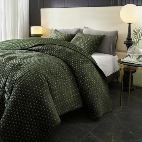 Powdion Velvet Quilt Queen Size, Oversized Bedspread Quilted Bedding Set, Luxurious Soft Coverlet Set Lightweight Velvet Comforter for All Season with Pillow Shams 90x96 Army Green Striped Queen view 2