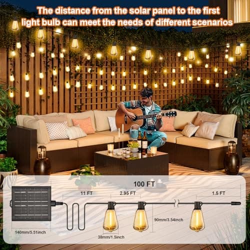 Skoiuc 100FT Solar String Lights Outdoor Waterproof with Remote & Timer, LED Shatterproof ST38 Bulbs, USB & Solar Powered Patio Lights for Backyard, Porch, Garden, Wedding, Christmas Decor view 2