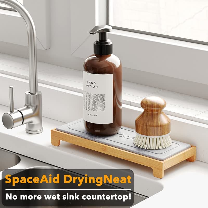 SpaceAid DryingNeat Instant Dry Sink Caddy Organizers, Kitchen Sponge Soap Holder Dispenser, Countertop Fast Drying Counter Tray Rack (Bamboo, Gray) view 3