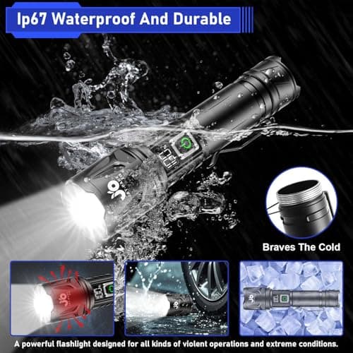 JAY-PARK High Lumen Flashlight - 100000 Lumens, Rechargeable 5000mAh with LCD Display, Zoomable Long Beam (3000m), IP67 Waterproof, 5 Modes & Belt Clip - for Camping, Dog Walking view 6