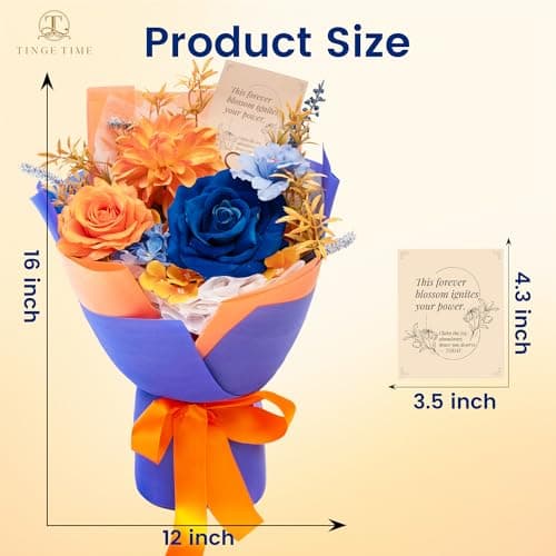 TINGE TIME Preserved Flowers Bouquet, Orange & Navy Blue Roses Gift Bouquet, Eternal Roses Bouquet for Wedding, Table Centerpieces, Mothers Day, Birthday Gifts, Anniversary, Graduation view 4