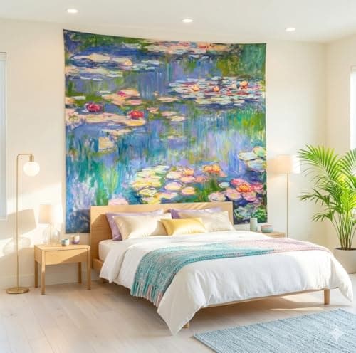 Avinyl Monet Waterlily Wall Tapestry, Green Floral Plant Art Poster for Bedroom Girls Boys, Small Nature Flower Pond Wall Hanging, Watercolor Tapestries for Living Room Dorm Decor 39in X 51in view 2