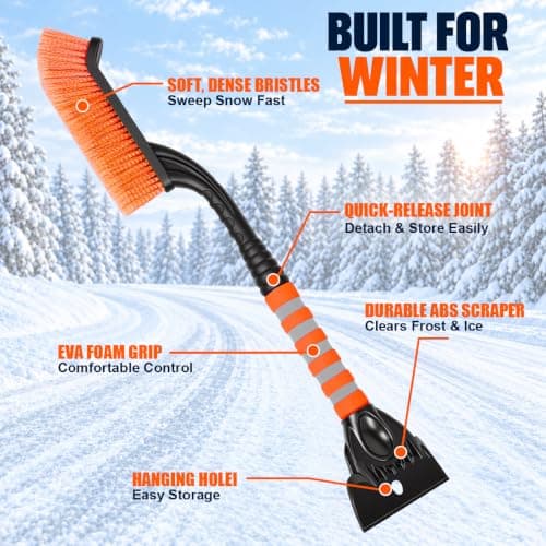 26 Inch Detachable Snow Brush with Ice Scraper for Car Windshield, Orange view 4