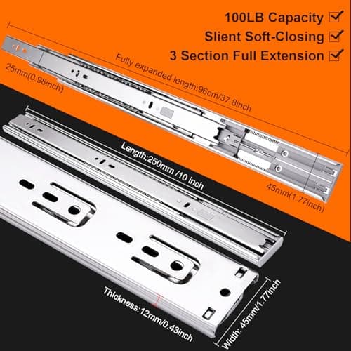 10 inch Drawer Slides 6 Pairs (12pcs) Soft Self Close 3 fold Full Extension Ball Bearing Cabinet Drawer Glides Side Mount for Dresser, Cabinet, Kitchen 100 LB Capacity 10" Silver view 2