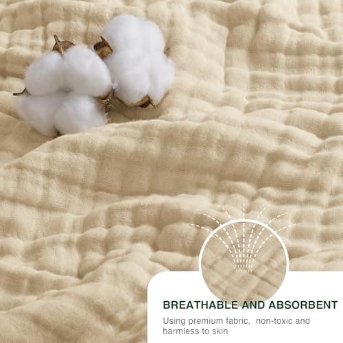 Love's cabin 100% Cotton Muslin Blanket, 6 Layer Lightweight Breathable Gauze Queen Size Blanket 90 x 90 Inches, Soft All Season Blanket for Bed, Khaki view 4