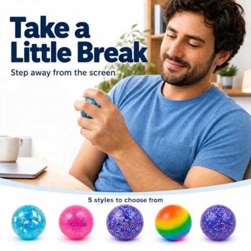 Squeeze Squishy Balls Set, 5Pack Colorful Sensory Fidget Toys Bulk | For Adults, Assorted Colorful Balls with Rainbow and Shimmer Designs for Desk Breaks, Party Favors and Stocking Stuffers view 3