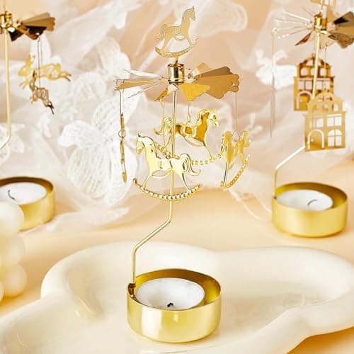 COMZPLIFE Carousel Spinning Tea Light Candle Holder, Gold Metal Rotary Candle Holder for Birthday, Wedding, Anniversary, Party, Table Decoration, Home Decor view 2