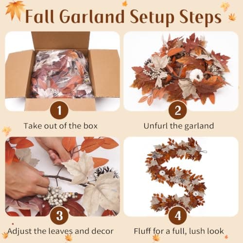 6 Ft Fall Garland with Lights & Timer, Thanksgiving Fireplace Mantel Decor | 30 Warm LED Lights, 6H Timer, Maple Leaves, Pumpkin, Berries and Pine Cones, Fireplace, Lighted Porch Table Autumn Decor view 3