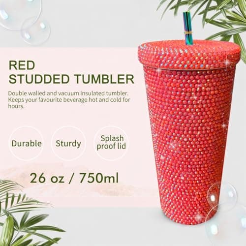 26oz Bling Rhinestone Studded Tumbler with Lid and Straws, Bling Cups Stainless Steel Water Bottle Diamond Glitter Tumbler for Women - Birthday Gifts for Women, Mom,Get Well Soon Gifts (Red) view 3