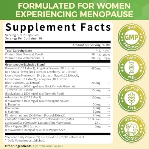 GREENPEOPLE Menopause Supplements for Women - Black Cohosh & Ashwagandha for Hot Flashes, Night Sweats, Mood Swings, Hormonal Balance Support,10 Billion CFU Probiotic - 90 Capsules Vegan Gluten-Free view 6