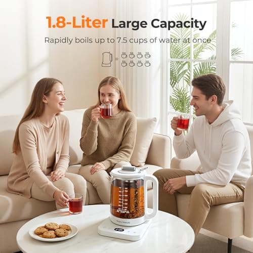 Narcissus Electric Kettle Temperature Control ±5℉, 1.8L Glass Electric Tea Kettle with Removable Infuser for Flowers & Fruit Tea, 1200W Fast Boiling, 6 Hours Keep Warming, White view 2