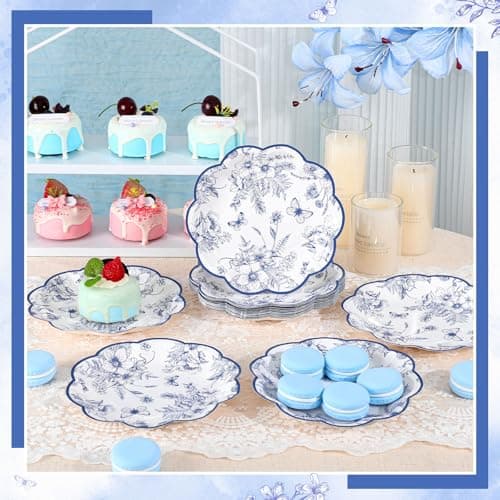 NatNarr 30 Pcs Blue Floral Paper Plates, 7 Inch Tea Party Plates Vintage Chinoiserie Flower Plate Disposable Blue and White Dessert Plate for Spring Garden Party Baby & Bridal Shower Birthday Wedding view 2
