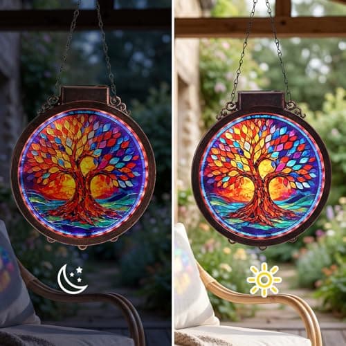 Hoikwo Solar Powered Suncatcher Tree of Life, 8.6" Sun Catcher Stained Acrylic Plastic Lightweight Window Decor, for Porch Courtyard Garden Mother's Day Birthday Gift for Mom Her Housewarming view 5