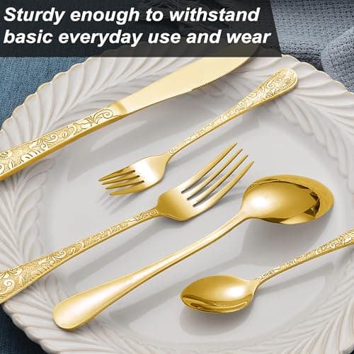Runfly Vintage Carved Gold Stainless Steel 20 Pieces Flatware Set, Golden Silverware Set, Modern Embossed Cutlery Set Utensils Including Fork Spoon and Knife view 5