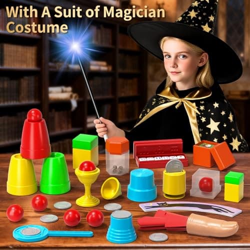 Novaluki Magic Kit for Kids, 98 Magic Tricks with Magician Costume, Manual and Videos, Magic Gift Set for 6+ Years Old Beginner Magicians, Halloween Christmas Birthday Party Family Game Fun view 4