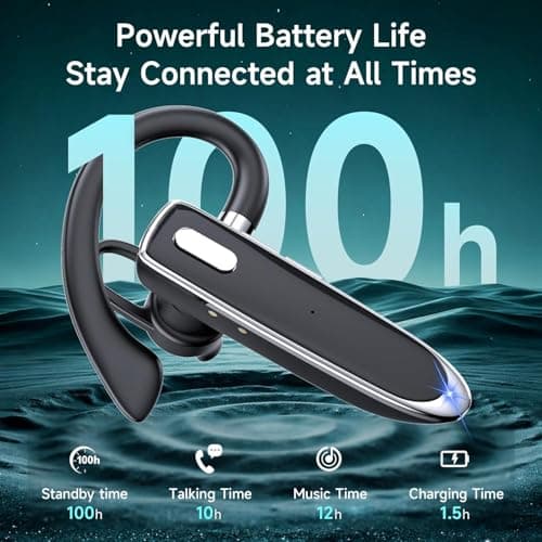 Wireless Single Ear Bluetooth V6.1 Headset, Business Earpiece with Mic | Noise Cancelling Business Headset, 100H Playtime, LED Display, Dual Device Pairing, Mute Button for Office, Driving, Trucker view 2